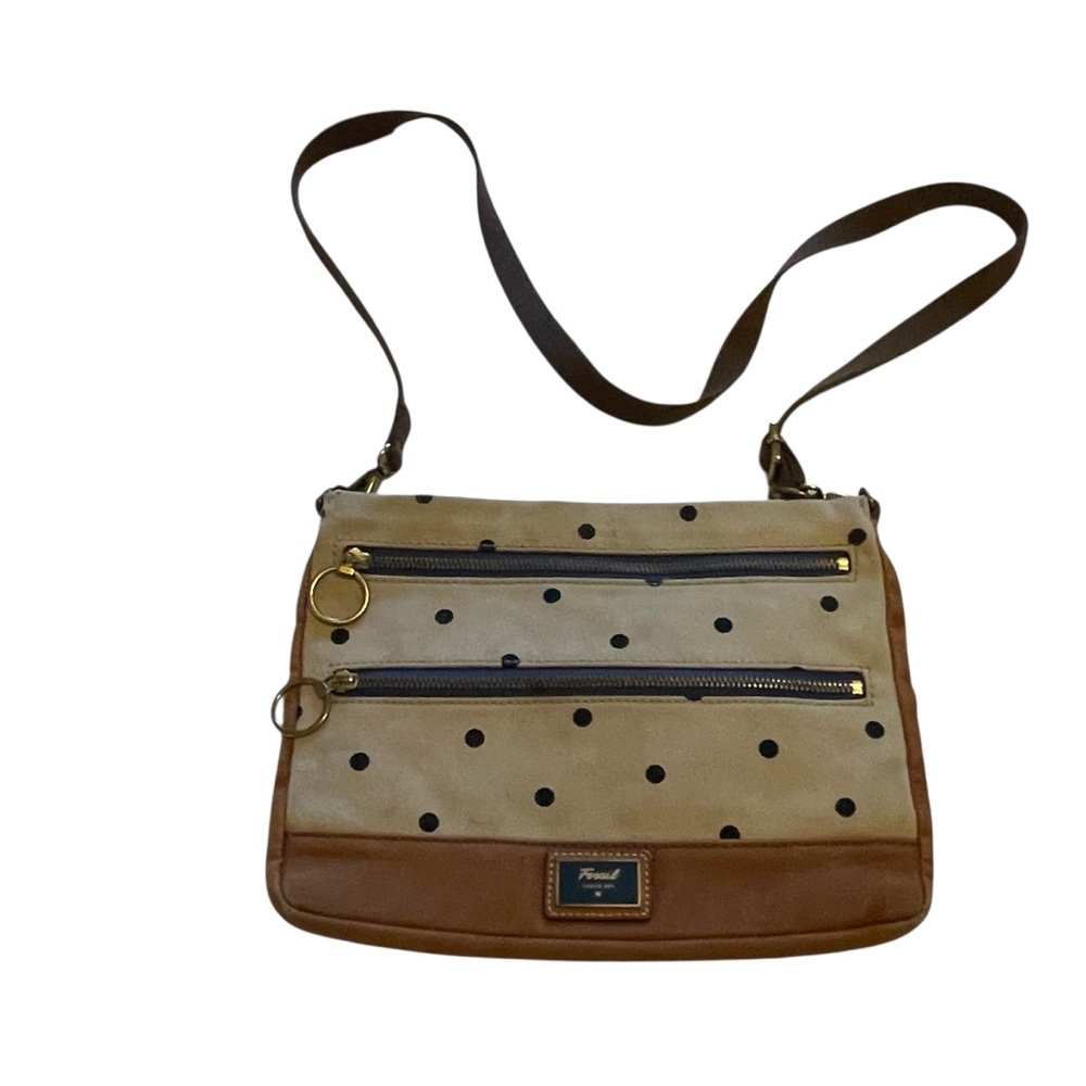 Fossil Cream‎ and Brown Crossbody Bag with Navy Dots